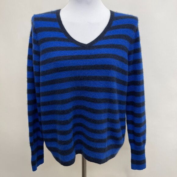 Halogen Women's V-Neck Sweater Size 1X 2X Blue Striped 2 Ply 100% Cashmere LS - Picture 1 of 9